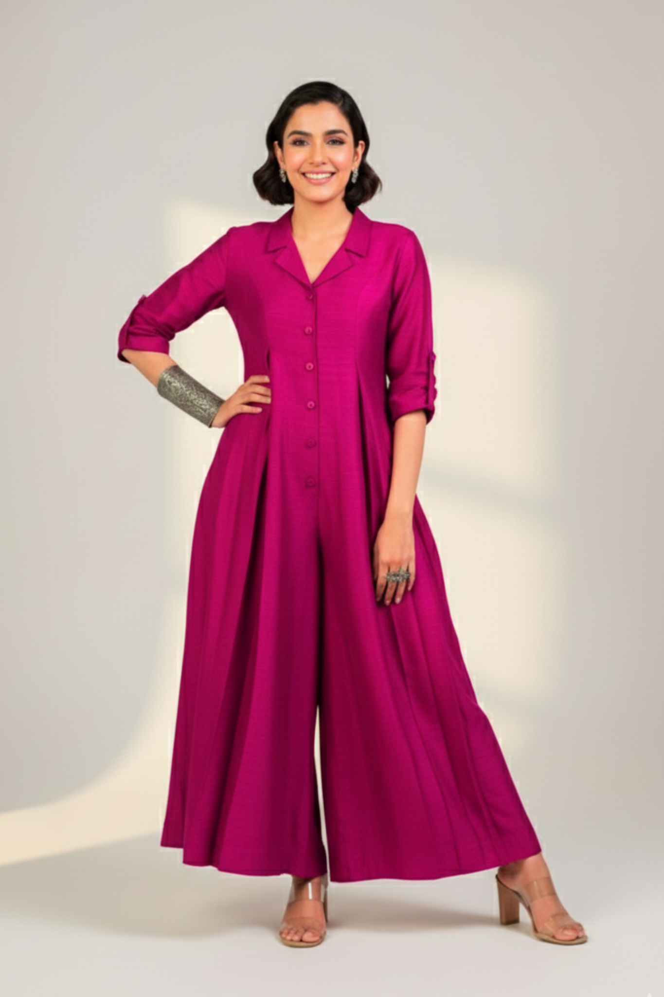 Maati Fuchsia Flame Silk Slub Jumpsuit With Pockets & Collar