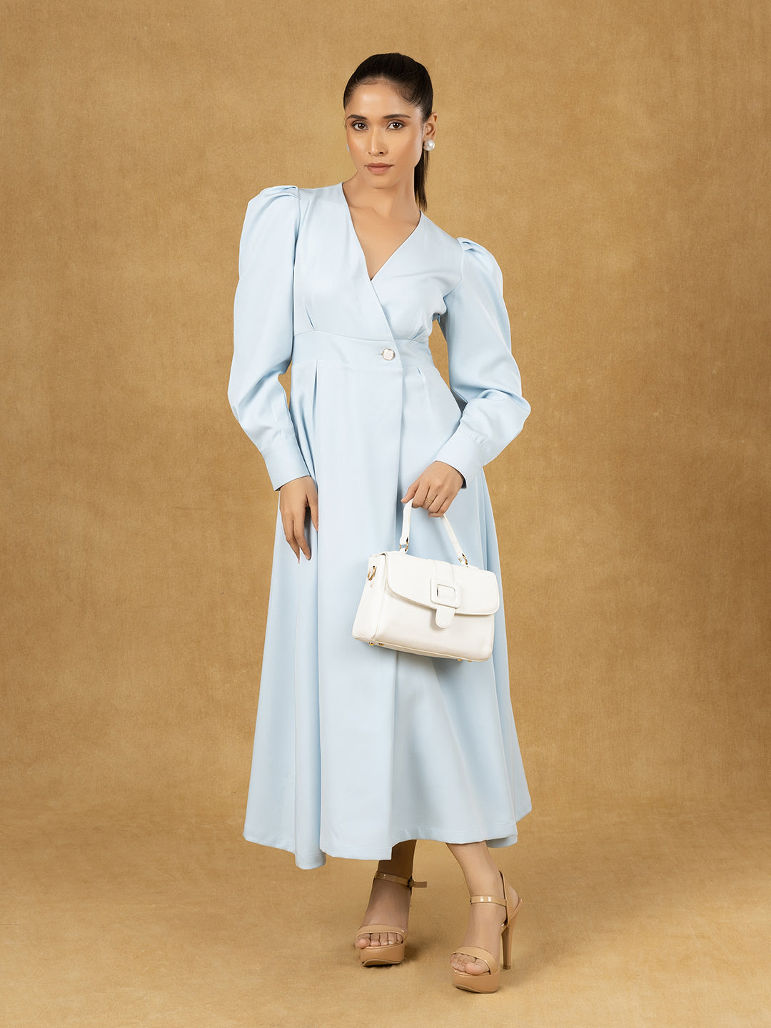 PowerSutra Blue Solid Wrap Fit And Flare Midi Dress