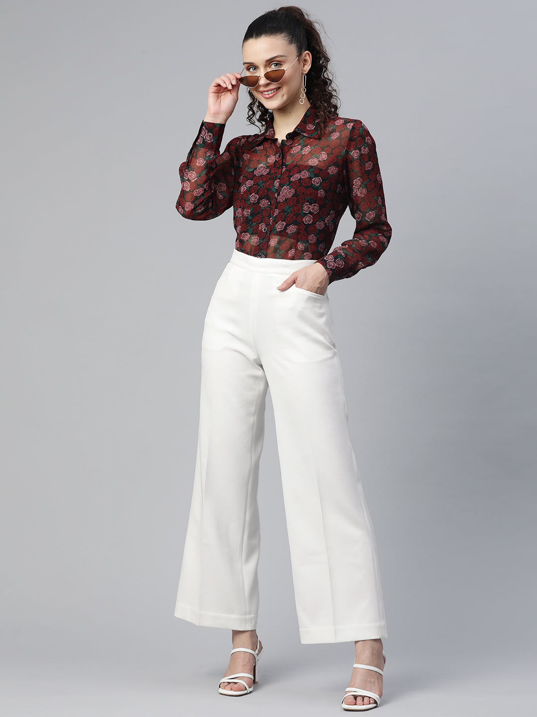 PowerSutra Comfort Fit Mid Waist Wide Bottom Stretch Trouser - White