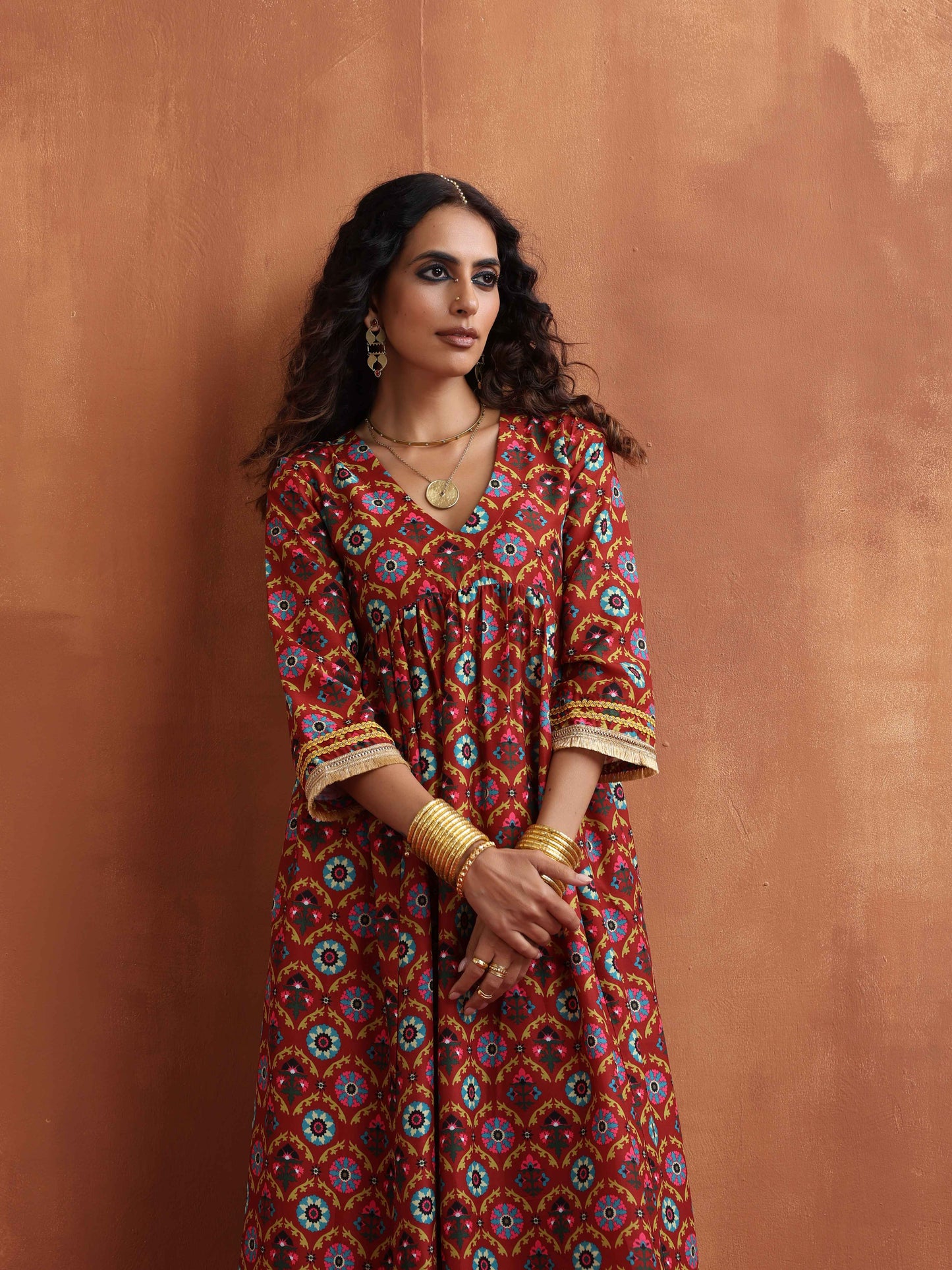 trueBrowns Maroon Print Flared Anarkali Kurta Set LP