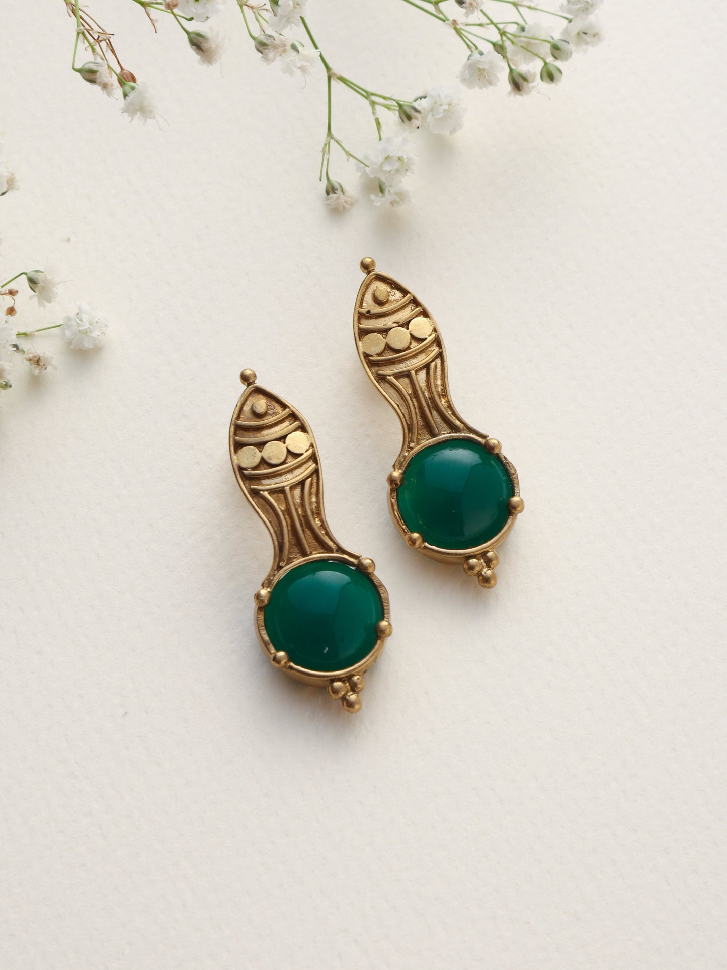 trueBrowns Brass Green Stone Abstract Earrings