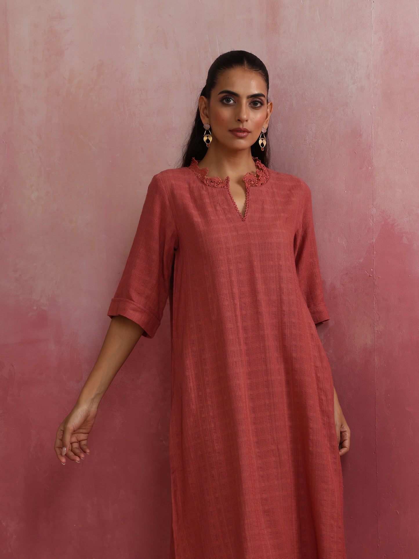 trueBrowns Peach High low Cotton Dobby Kurta Set