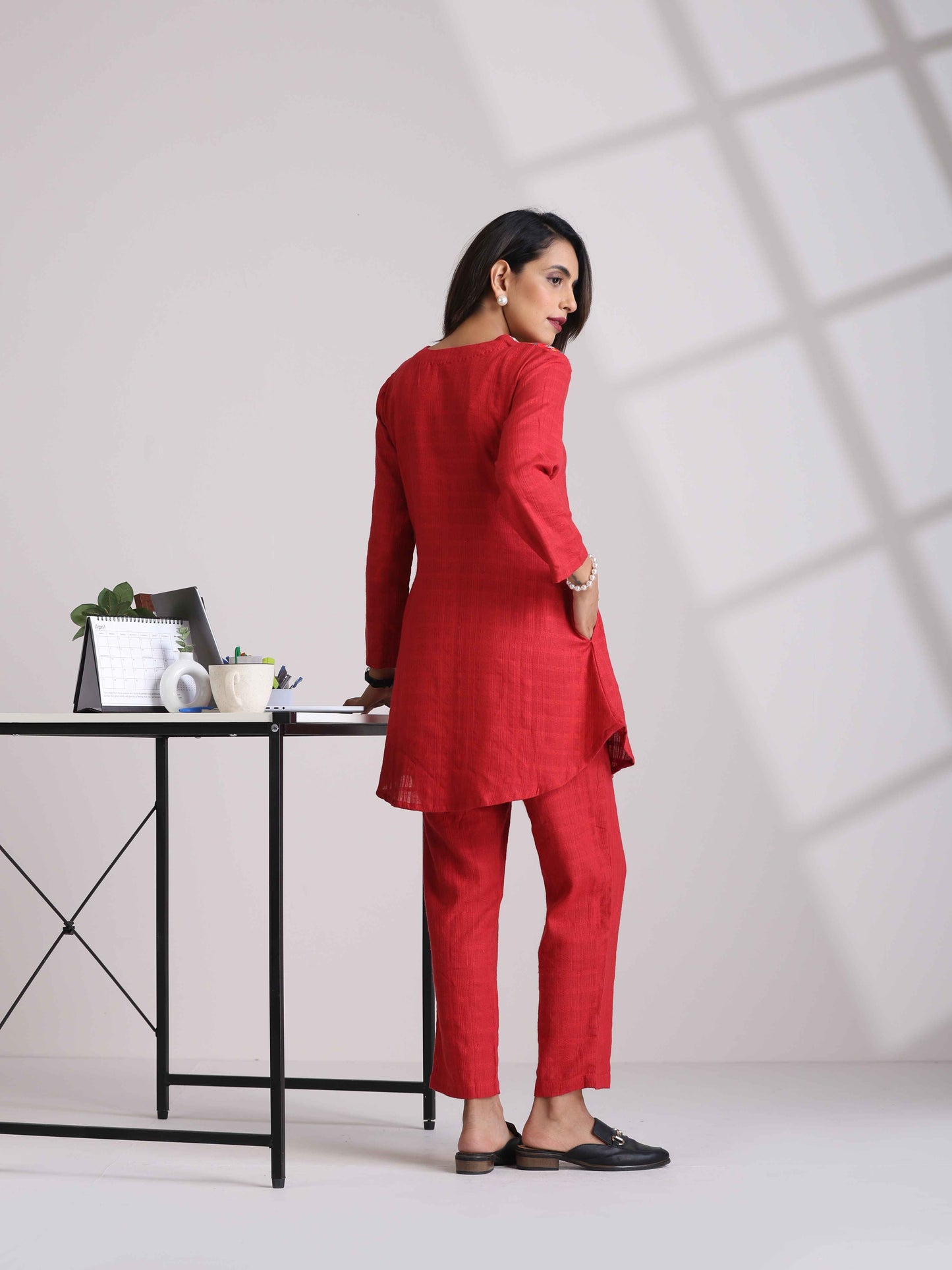 trueBrowns Red Cotton Dobby Kurta Co-ord set