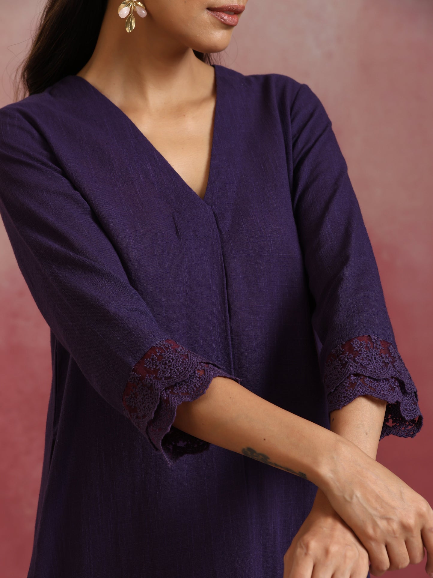 trueBrowns Purple Cotton Dobby Kurta Set