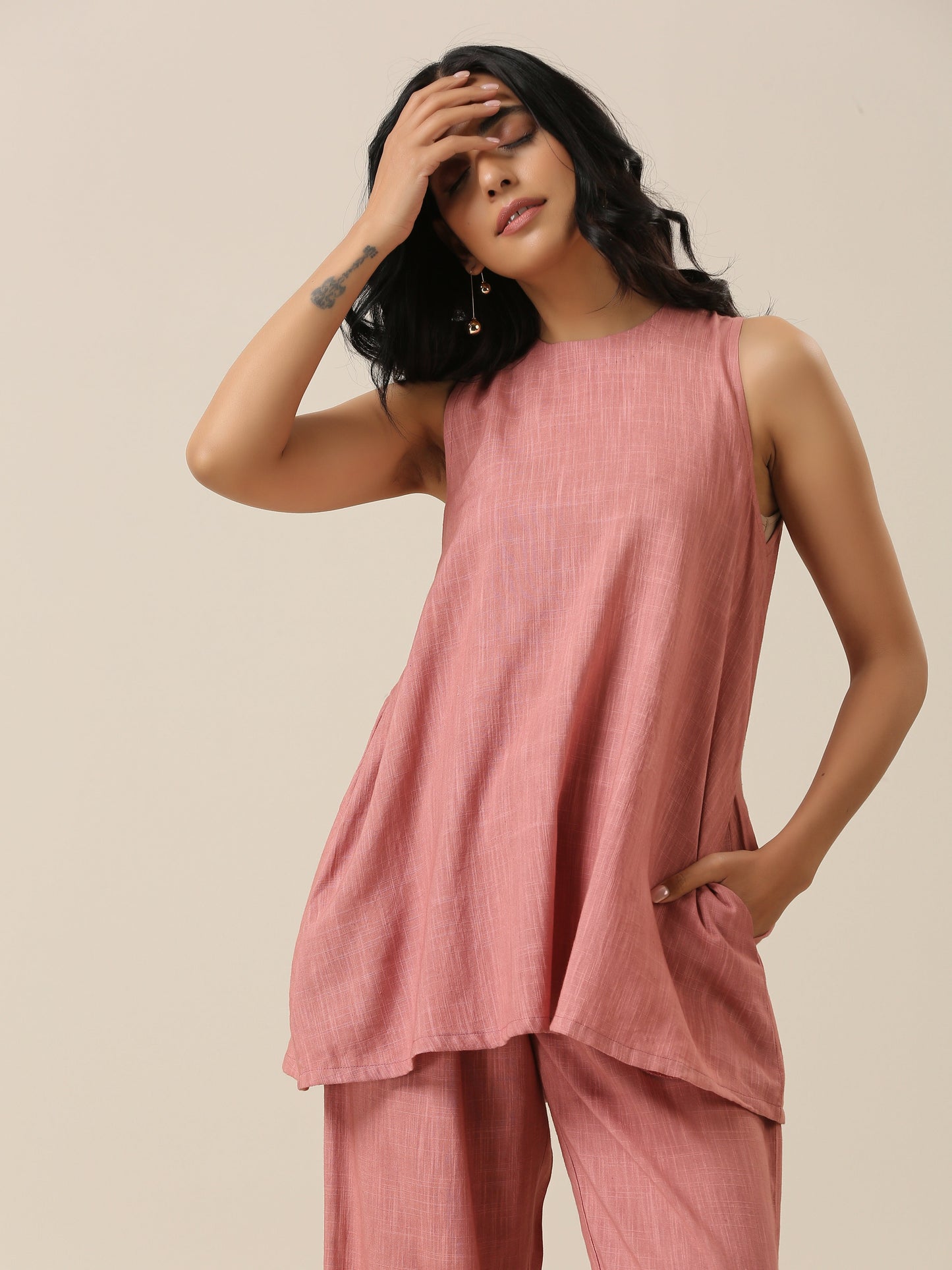 Light Mauve Slub Textured Sleeveless Short Co-Ord Set