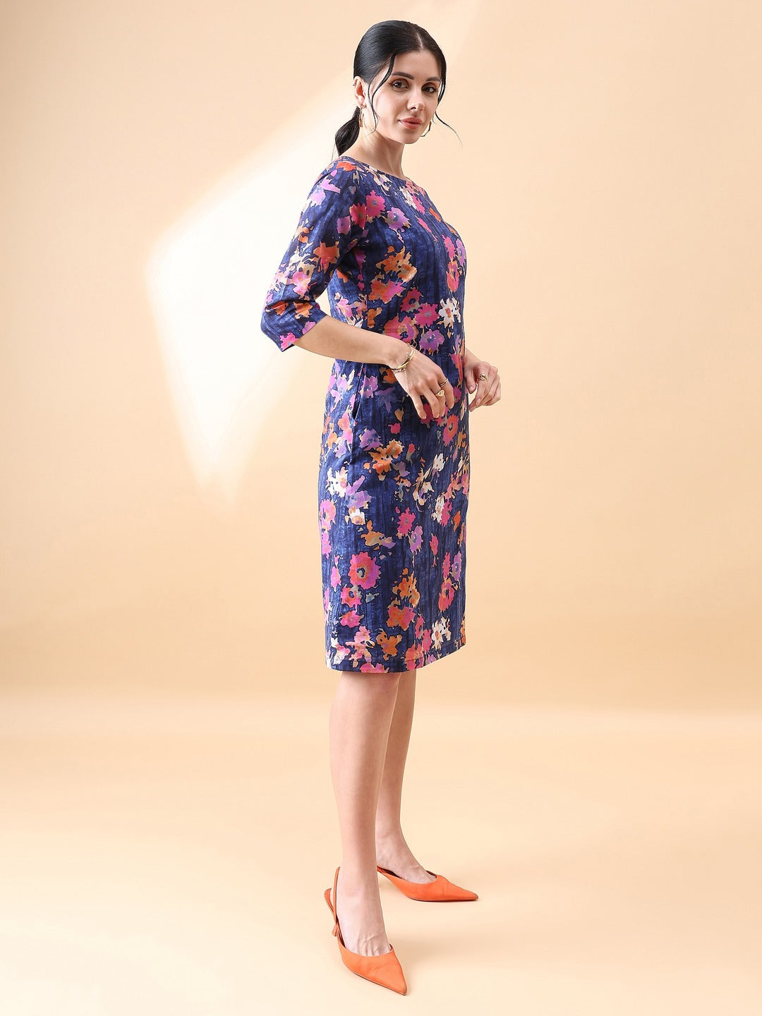 PowerSutra A-Line cotton floral printed dress- Navy & Orange