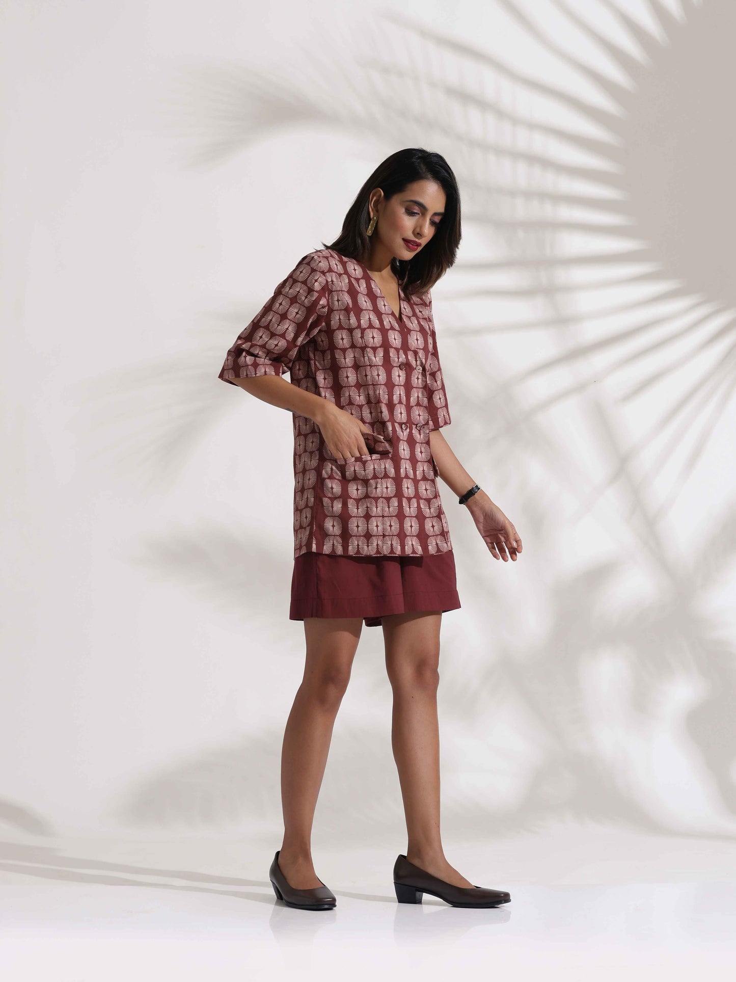 trueBrowns Brown Cotton Print Jacket Top & Short Co-ord Set