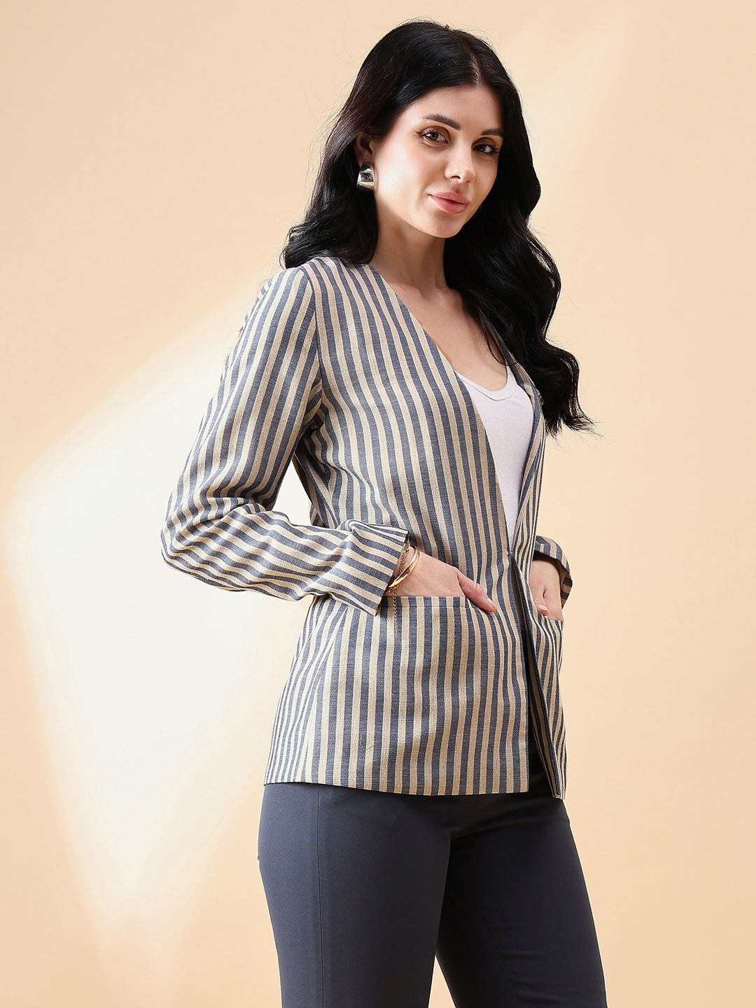 PowerSutra Stripe Poly Linen Blazer - Navy and Beige