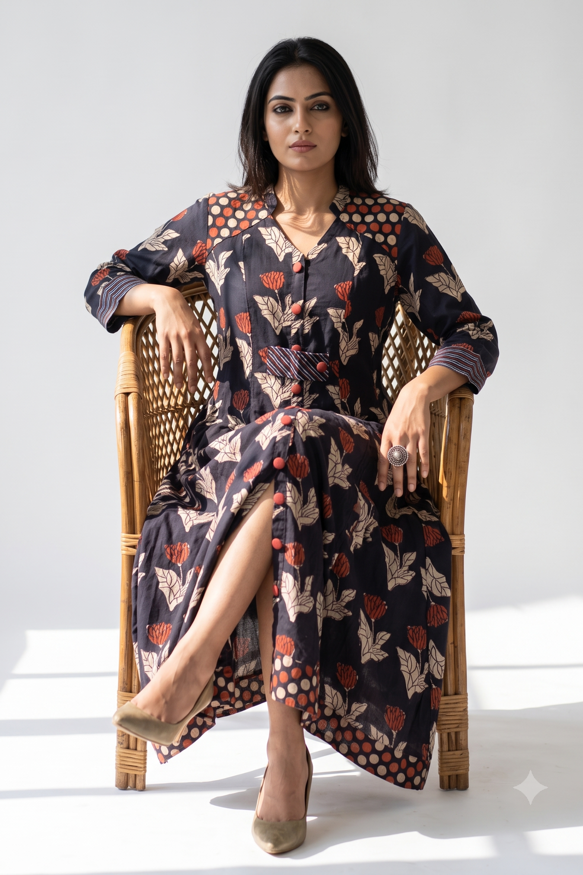 Midnight Rust Bloom Cotton Long Button Down Dress