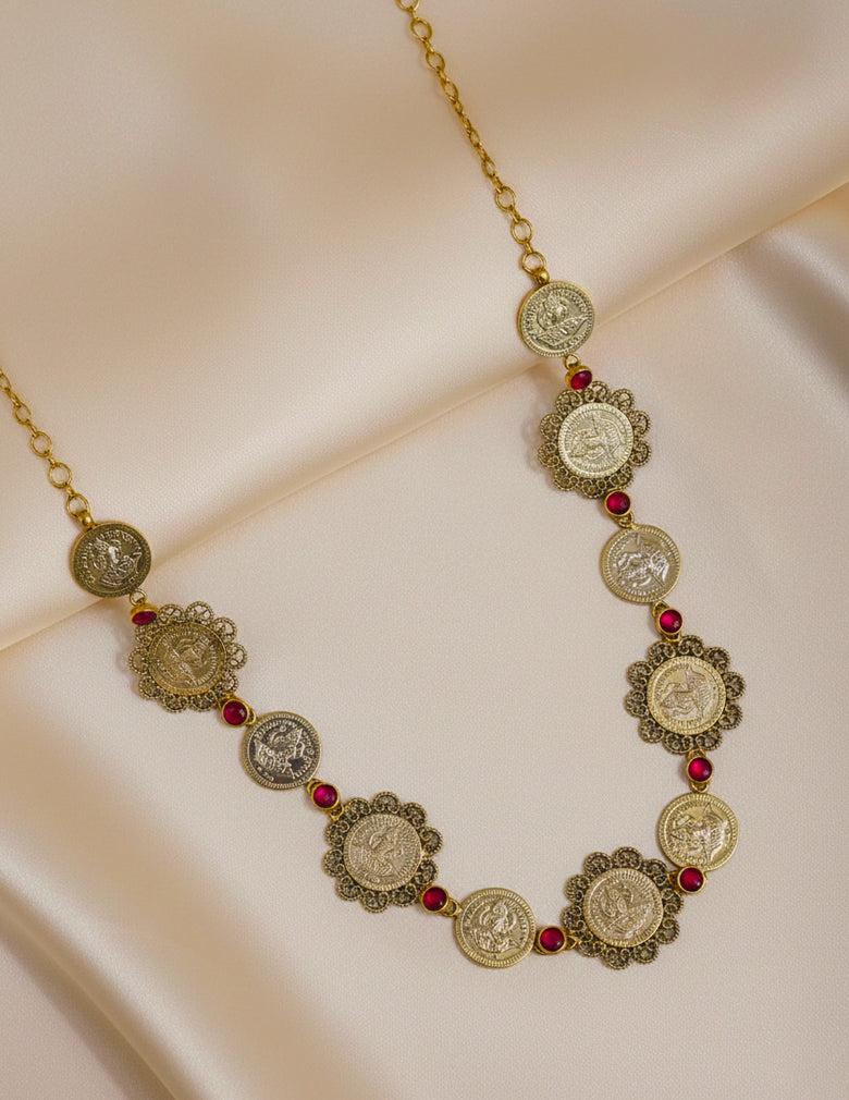 Gold Plated Kemp Stone with Antique Traditional Kaashu Lakshmi Necklace