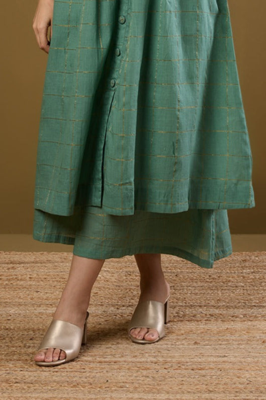 Maati Craft Box Pleated Culotte - Frosted Green Gold Checks