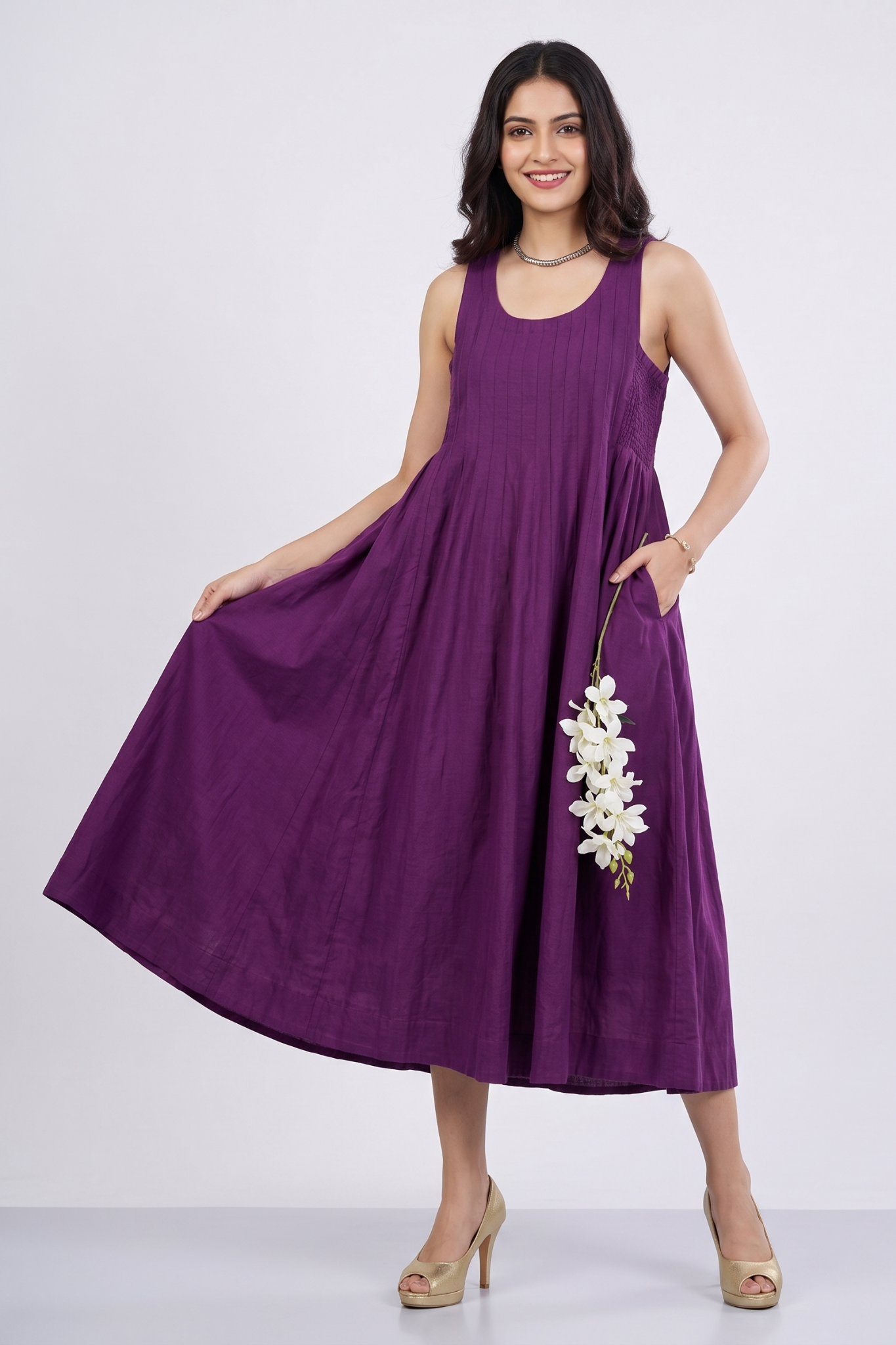 Smocked Deep Purple Royale Cotton Sleeveless Dress Mc