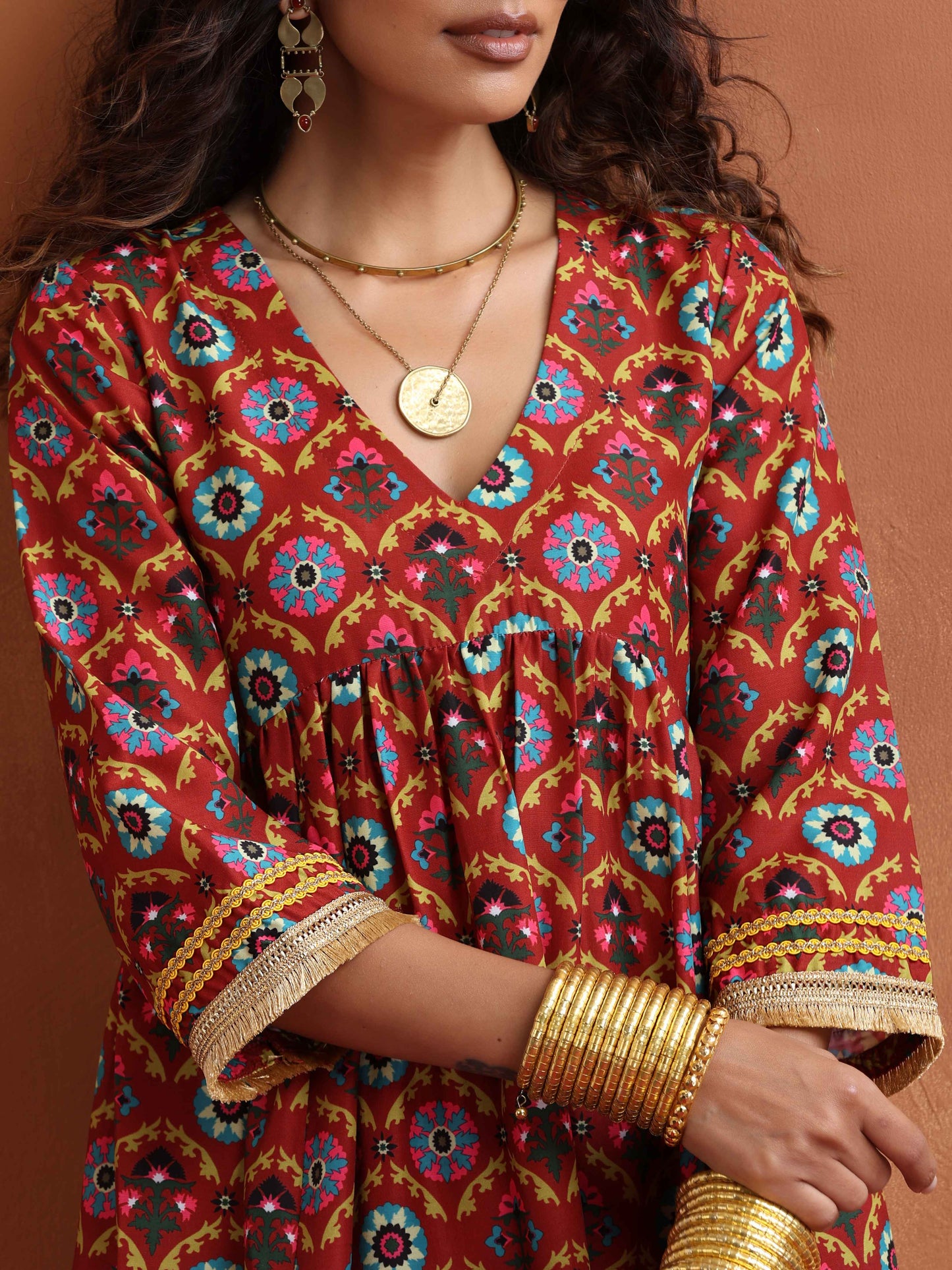 trueBrowns Maroon Print Flared Anarkali Kurta Set LP