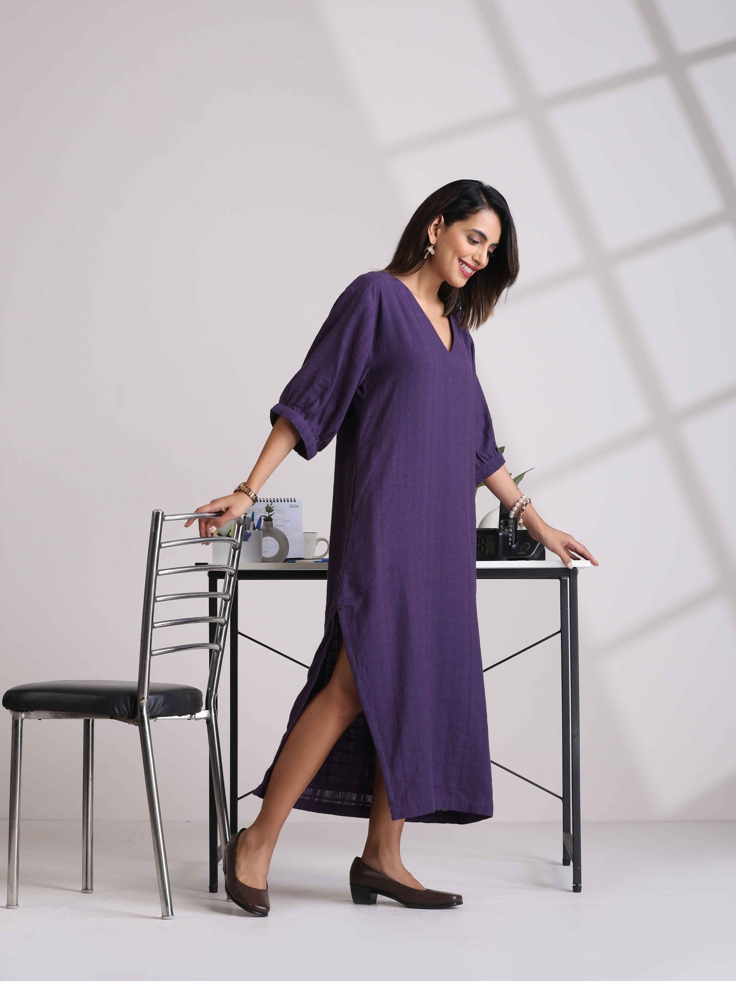 trueBrowns Purple Cotton Dobby Slit Dress