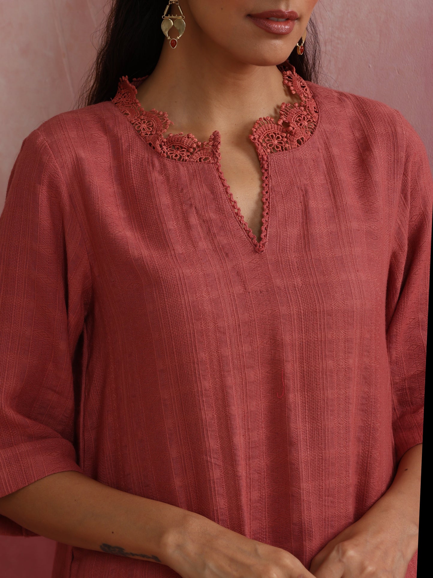 trueBrowns Peach High low Cotton Dobby Kurta Set