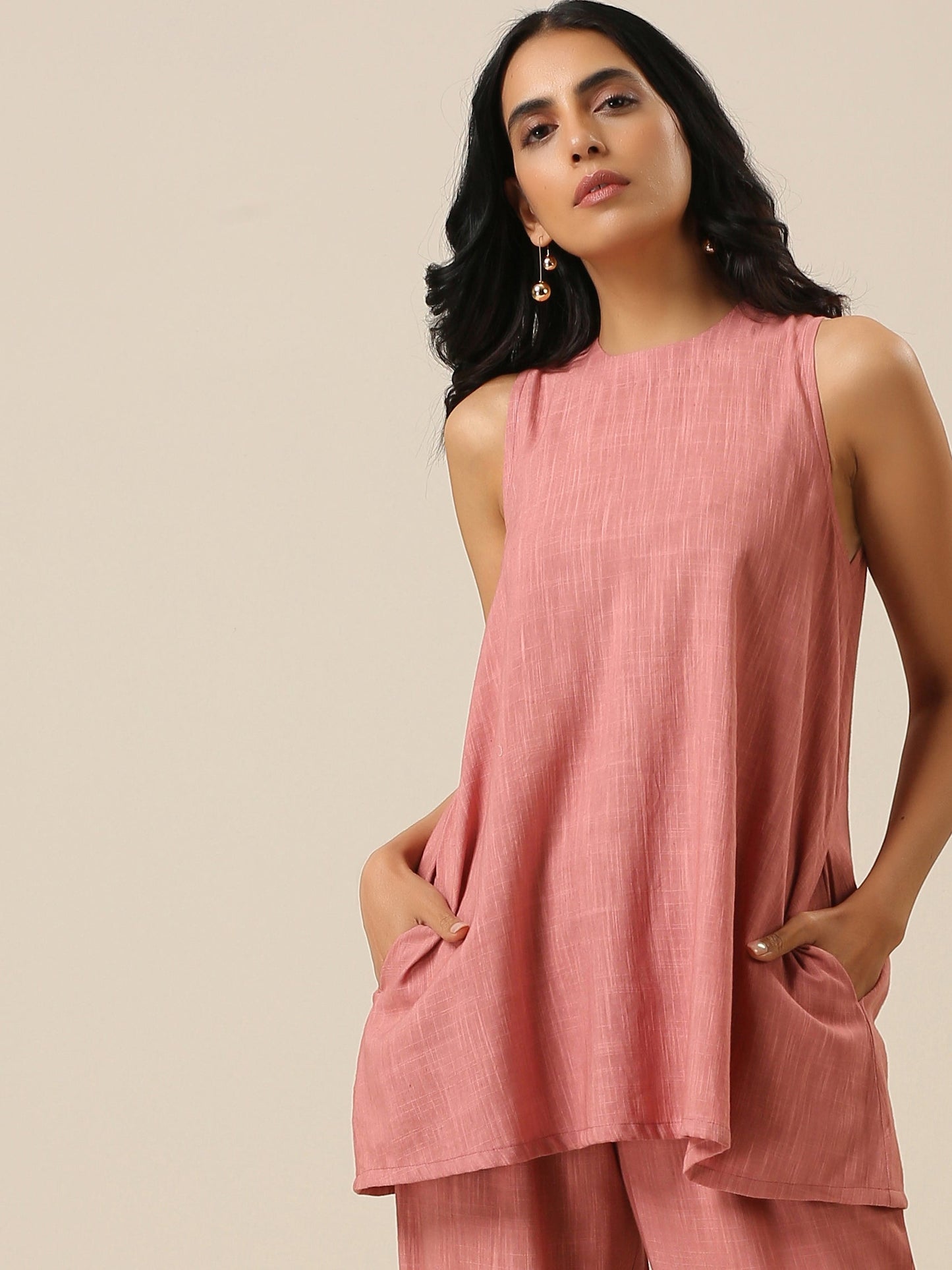 Light Mauve Slub Textured Sleeveless Short Co-Ord Set