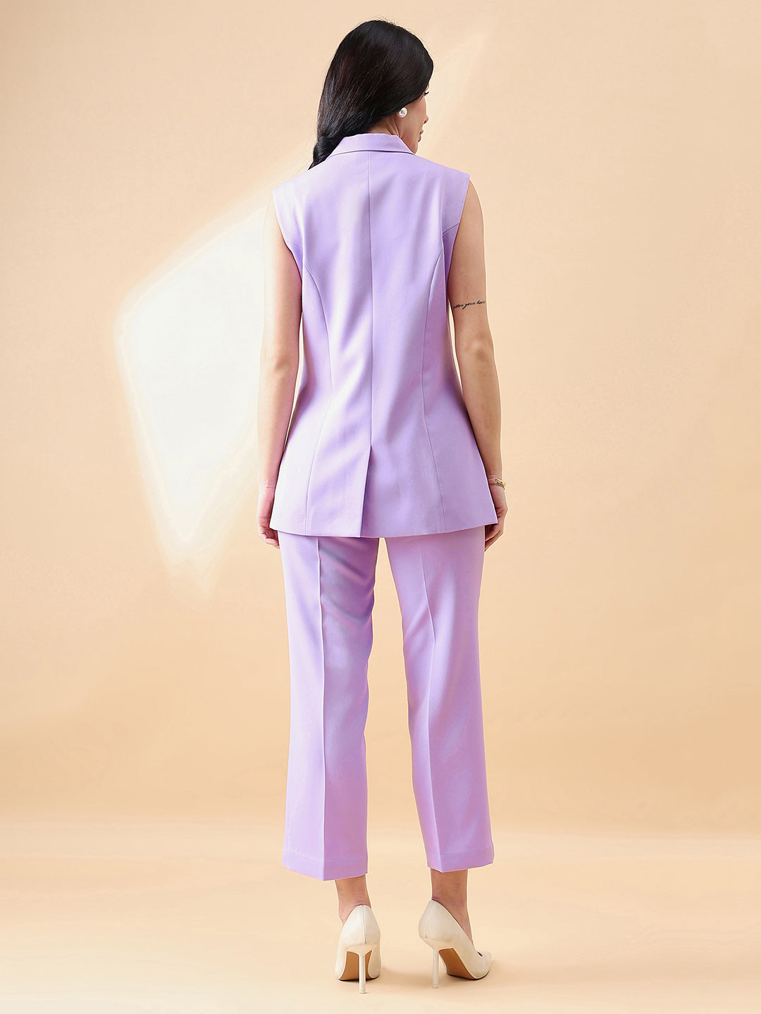 PowerSutra Cut- Sleeve Notch Collar Stretch Pant Suit- Lavender