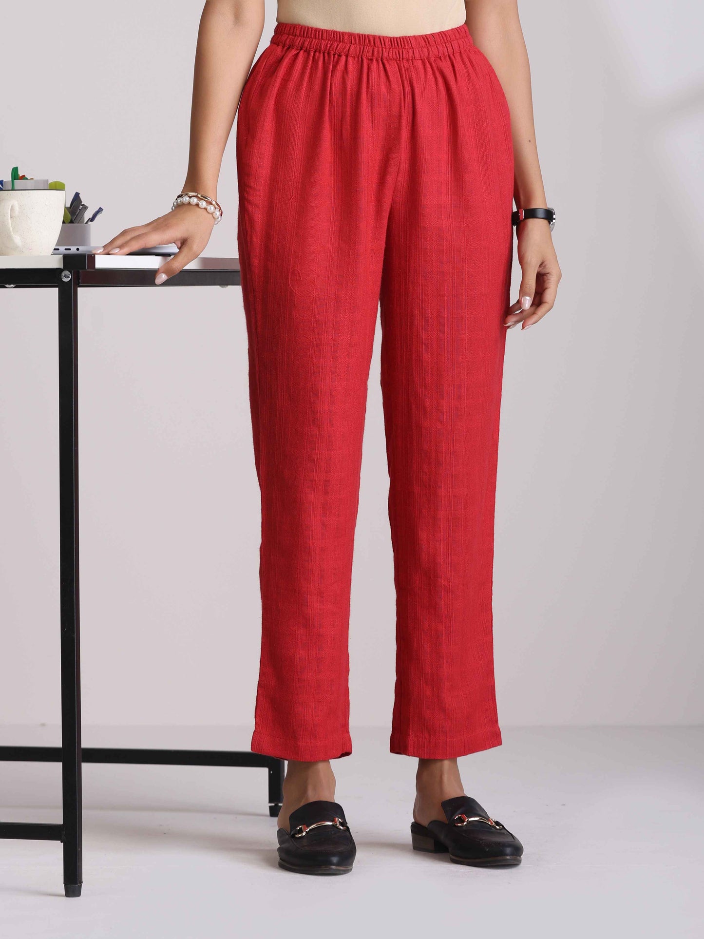 trueBrowns Red Cotton Dobby Kurta Co-ord set