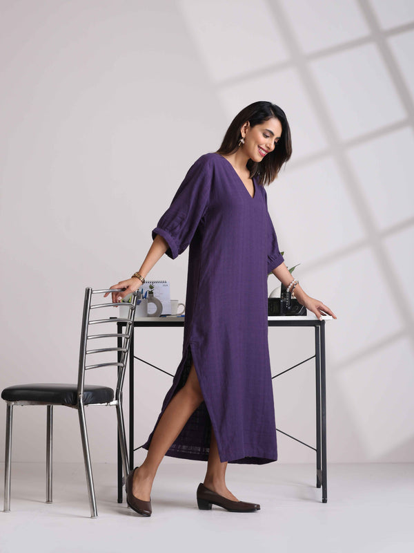 trueBrowns Purple Cotton Dobby Slit Dress LP