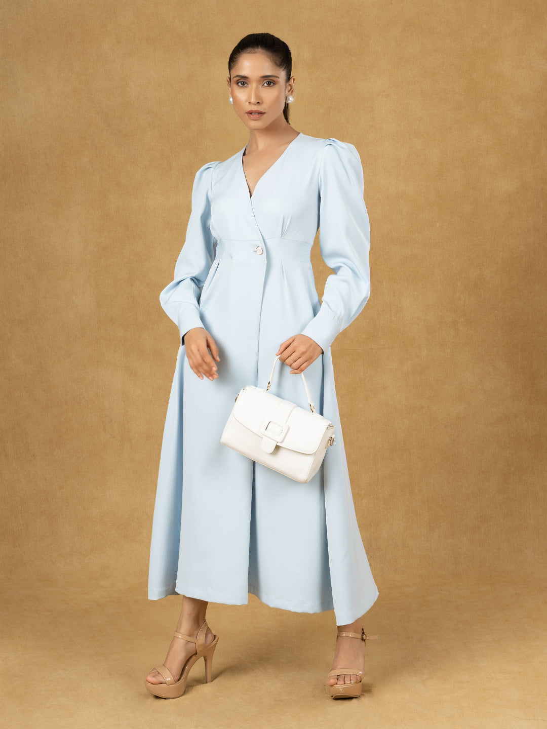 PowerSutra Blue Solid Wrap Fit And Flare Midi Dress