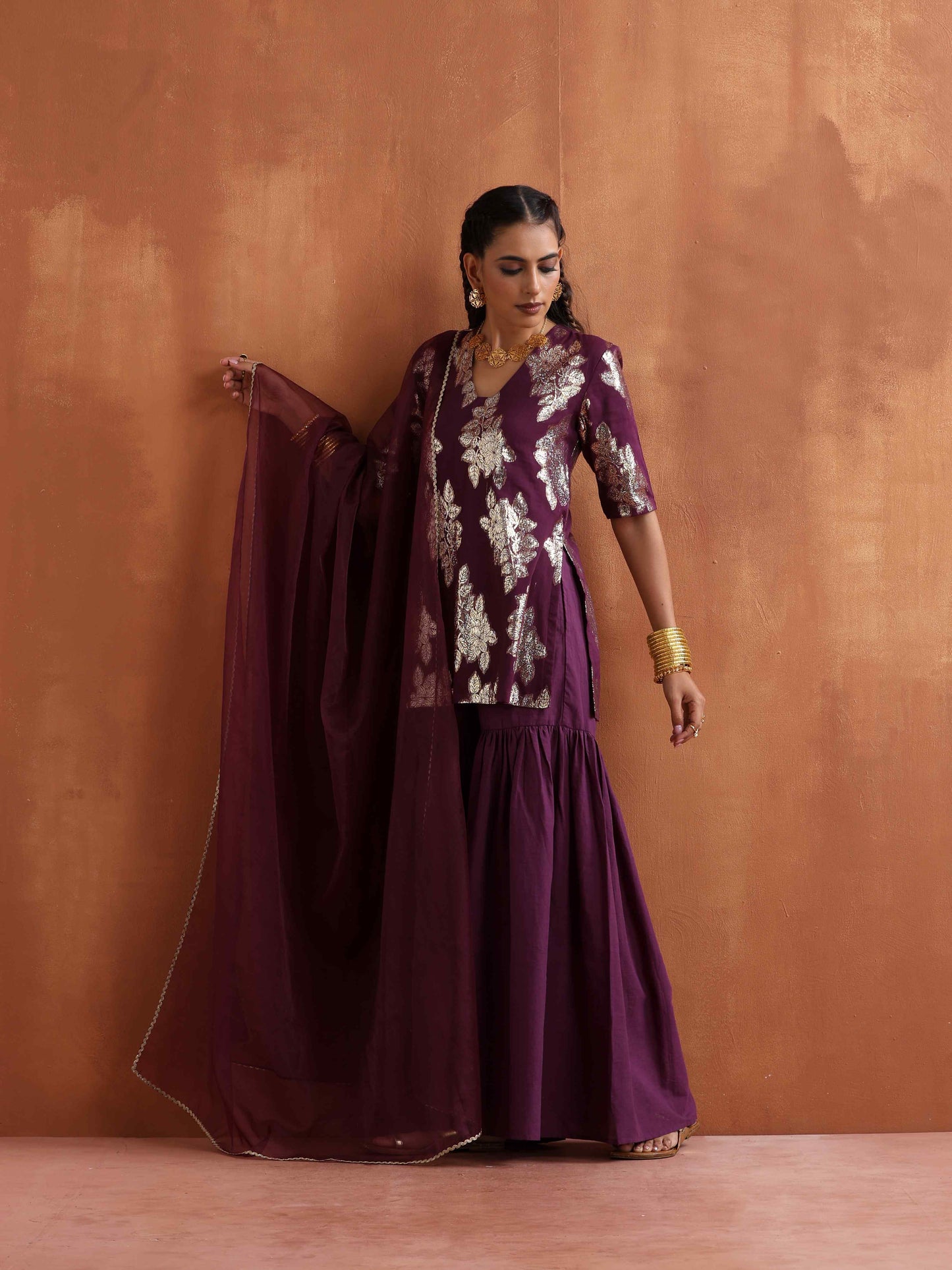 trueBrowns Purple Metallic Sharara Dupatta Set