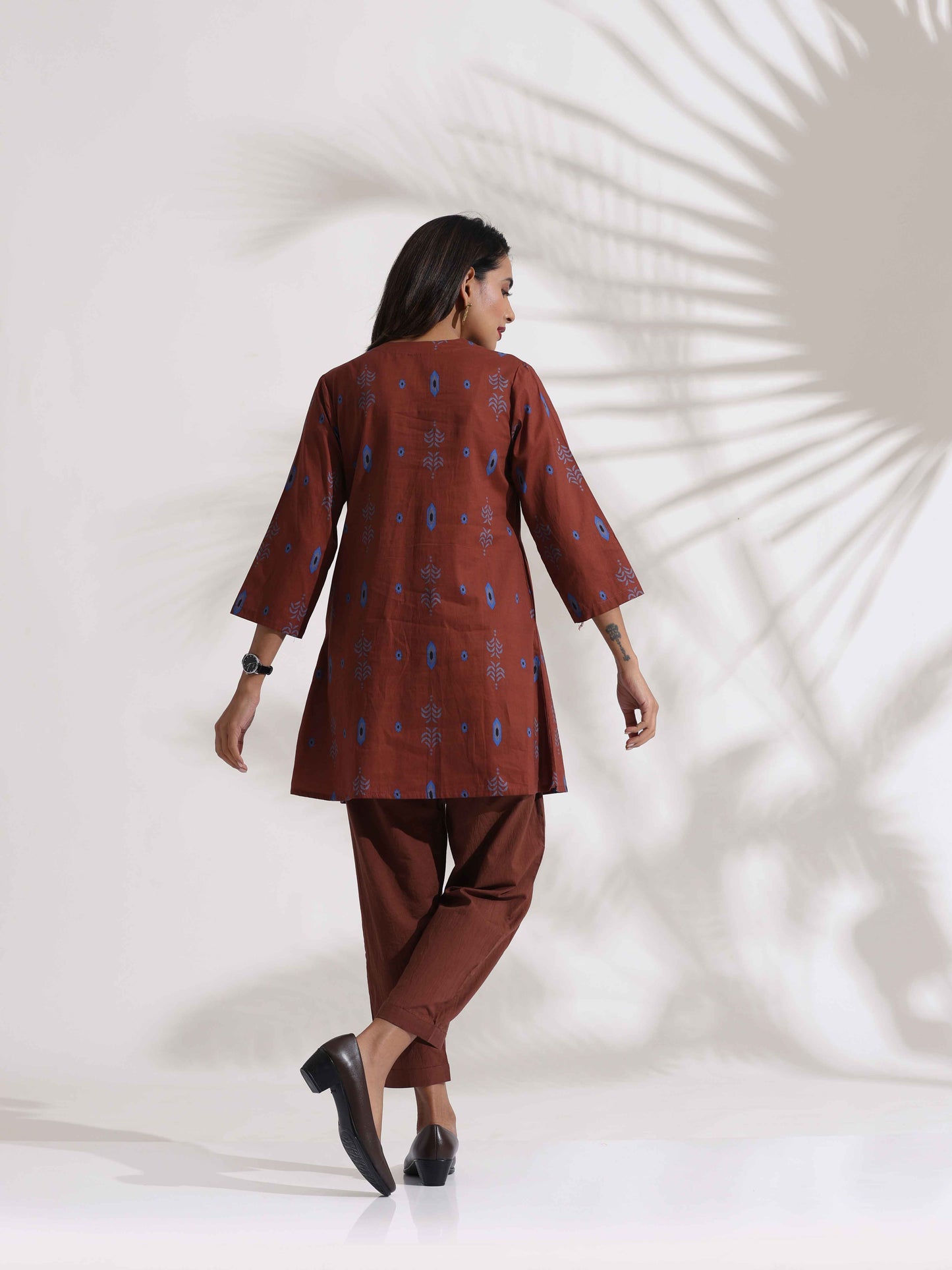 trueBrowns Brown Cotton Print Pleated Top & Pants Co-ord Set