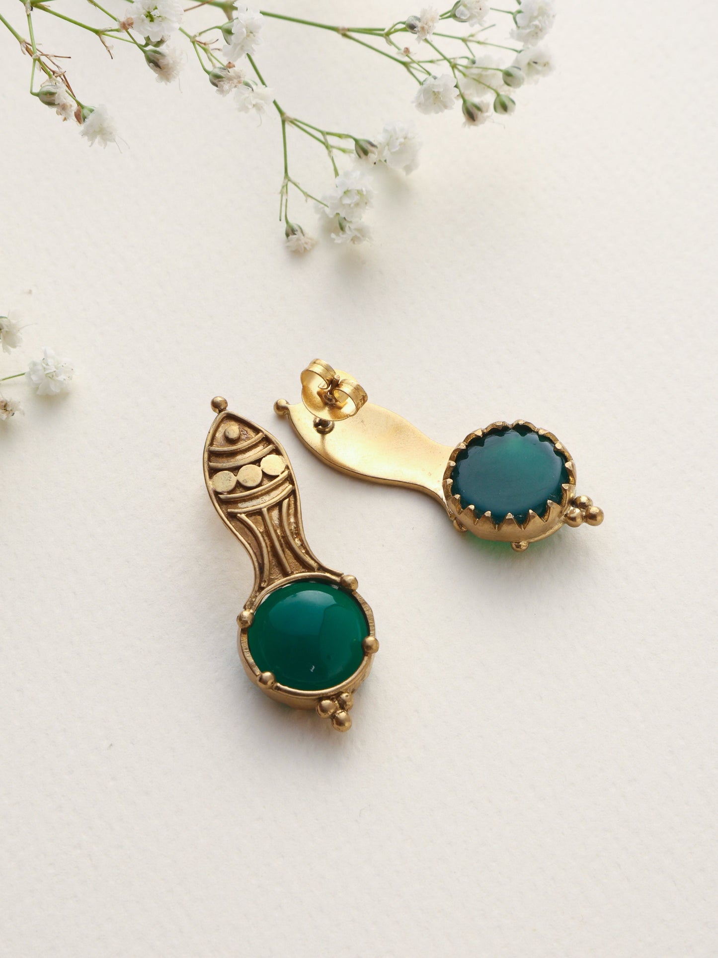 trueBrowns Brass Green Stone Abstract Earrings