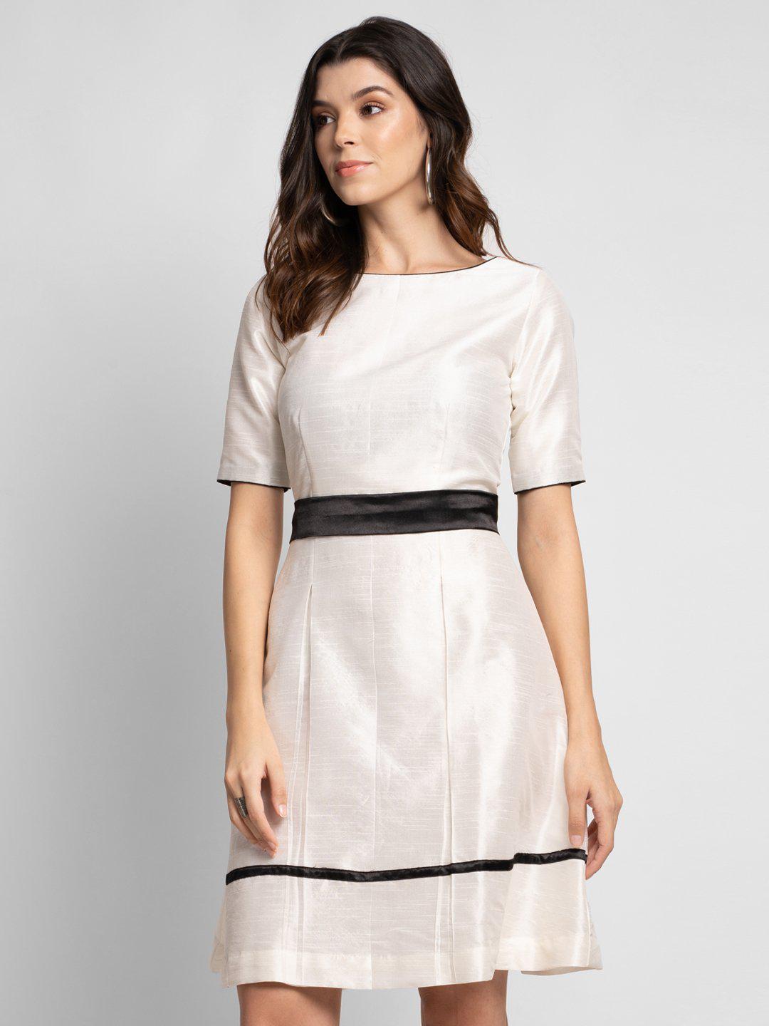 PowerSutra Dupioni Evening Fit and Flare Dress - Creamy White
