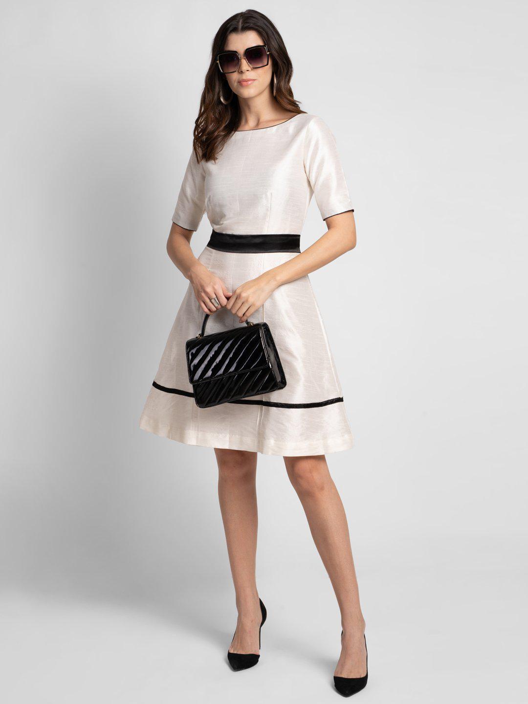 PowerSutra Dupioni Evening Fit and Flare Dress - Creamy White