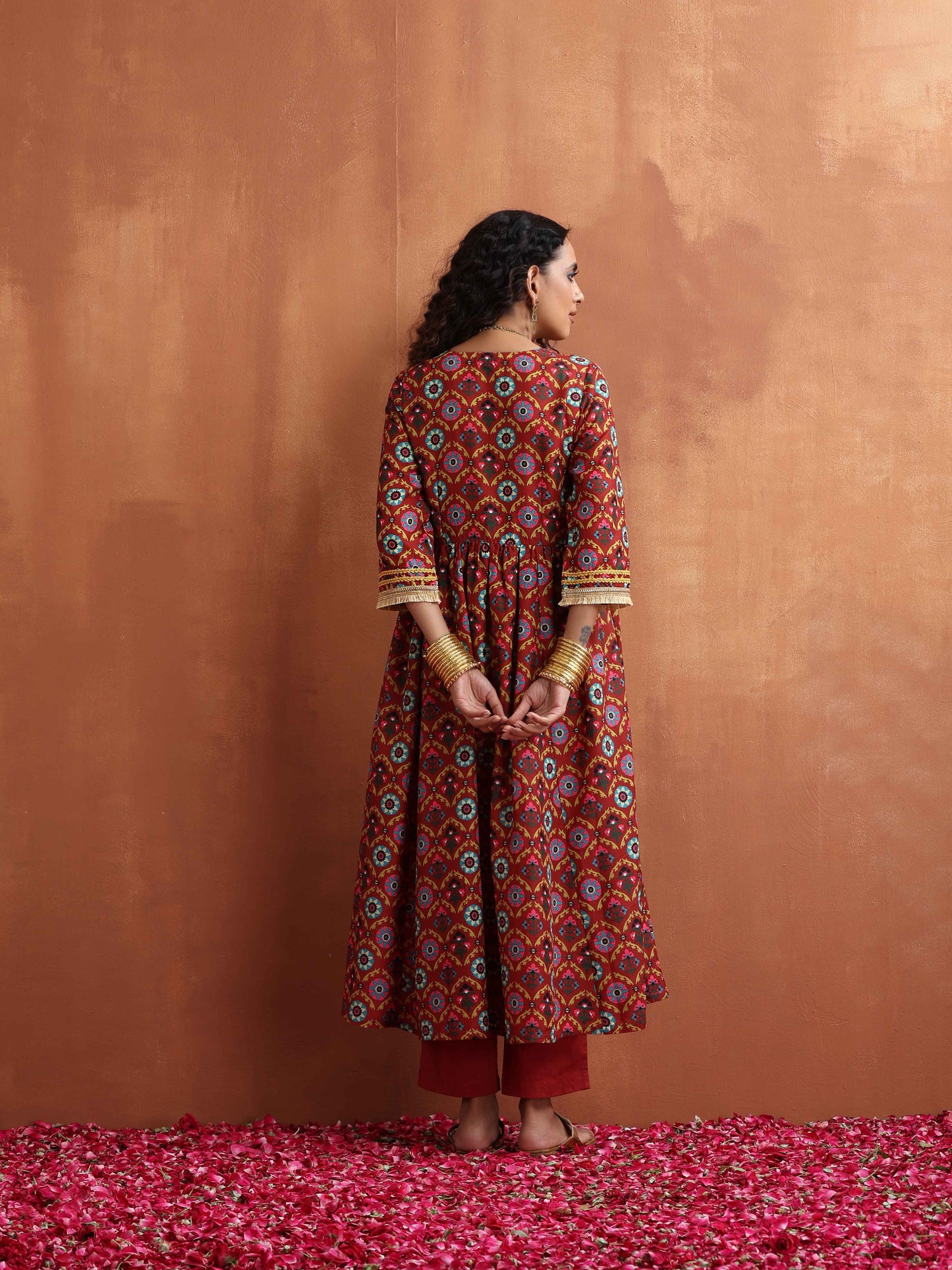 trueBrowns Maroon Print Flared Anarkali Kurta Set LP