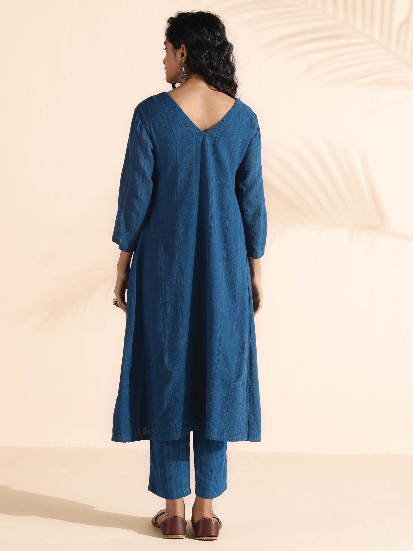 trueBrowns Blue Cotton Dobby Flared Kurta Pant Set