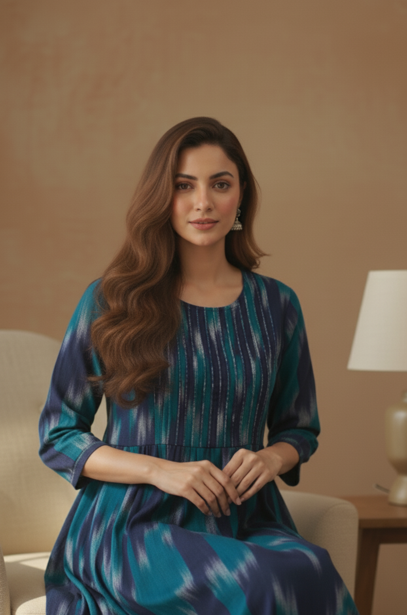 Maati Teal Dusk Cotton Ikat Pintuck Long Dress