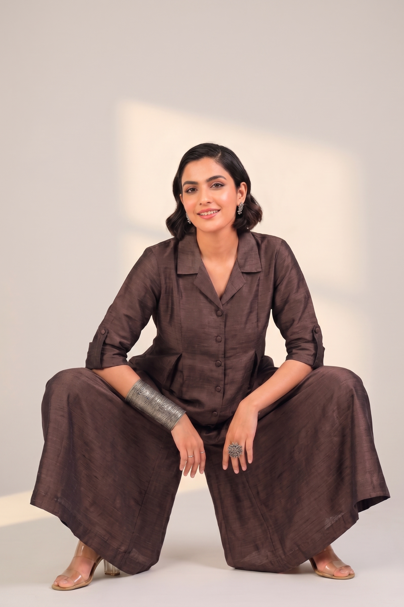 Coffee Bean Silk Slub Jumpsuit With Pockets & Collar Mc