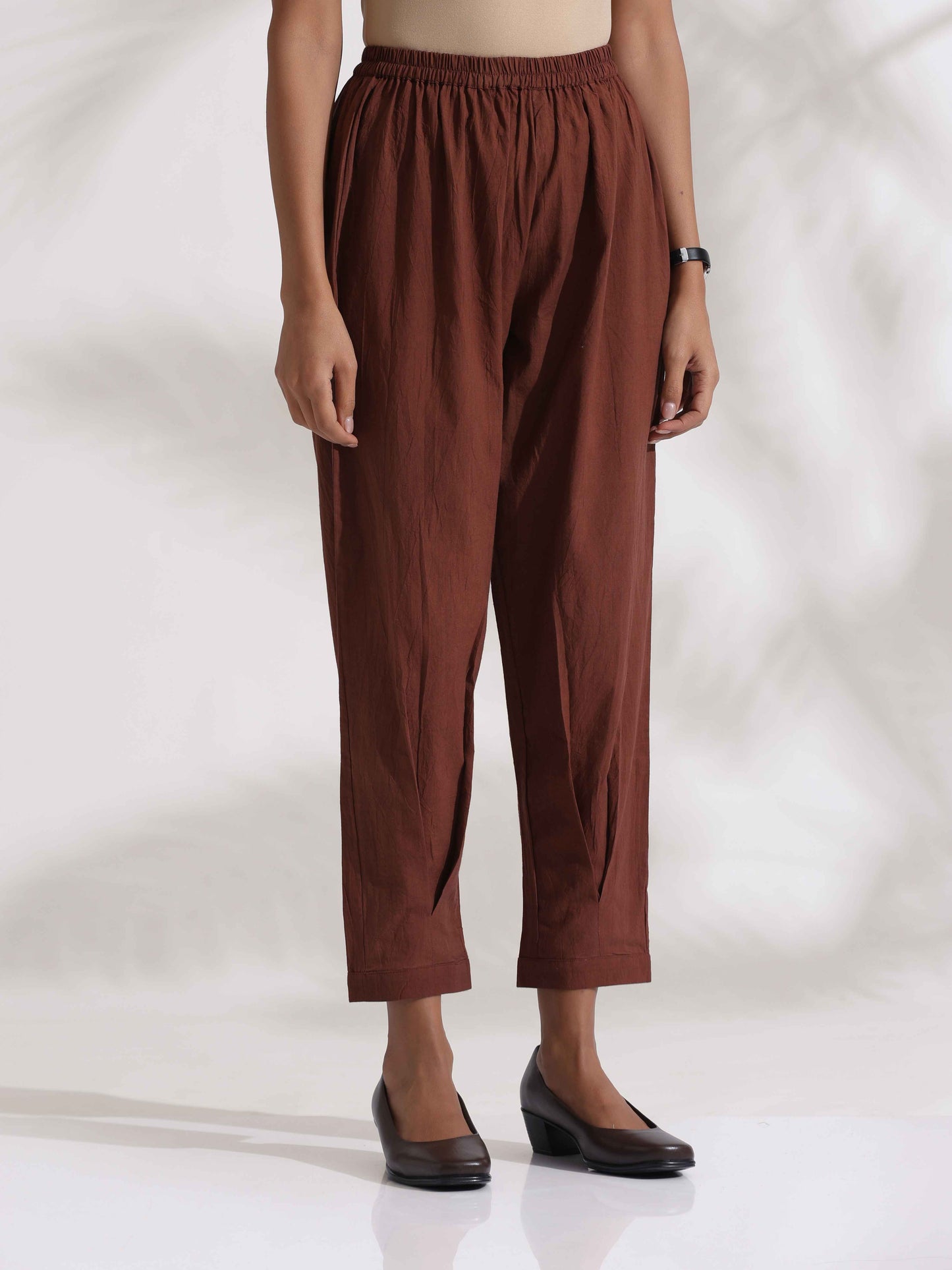 trueBrowns Brown Cotton Print Pleated Top & Pants Co-ord Set