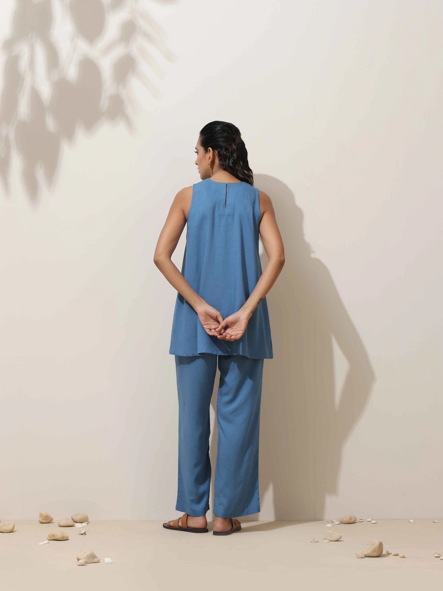 trueBrowns Blue Viscose Solid Co-ord Set