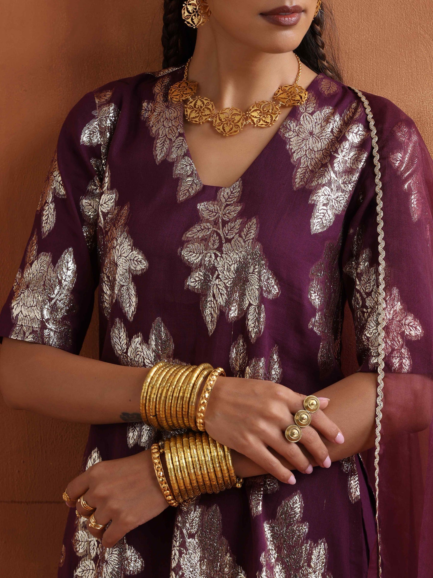 trueBrowns Purple Metallic Sharara Dupatta Set