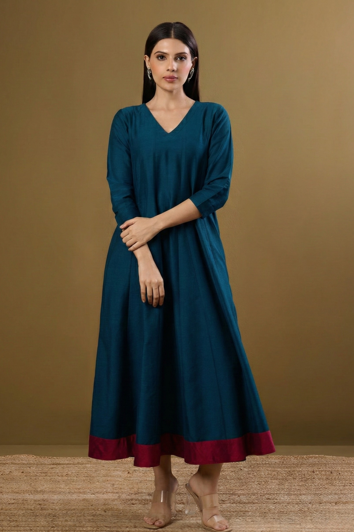 Maati Peacock Plush Luxe Silk Slub Long Maxi Dress With Sleeves