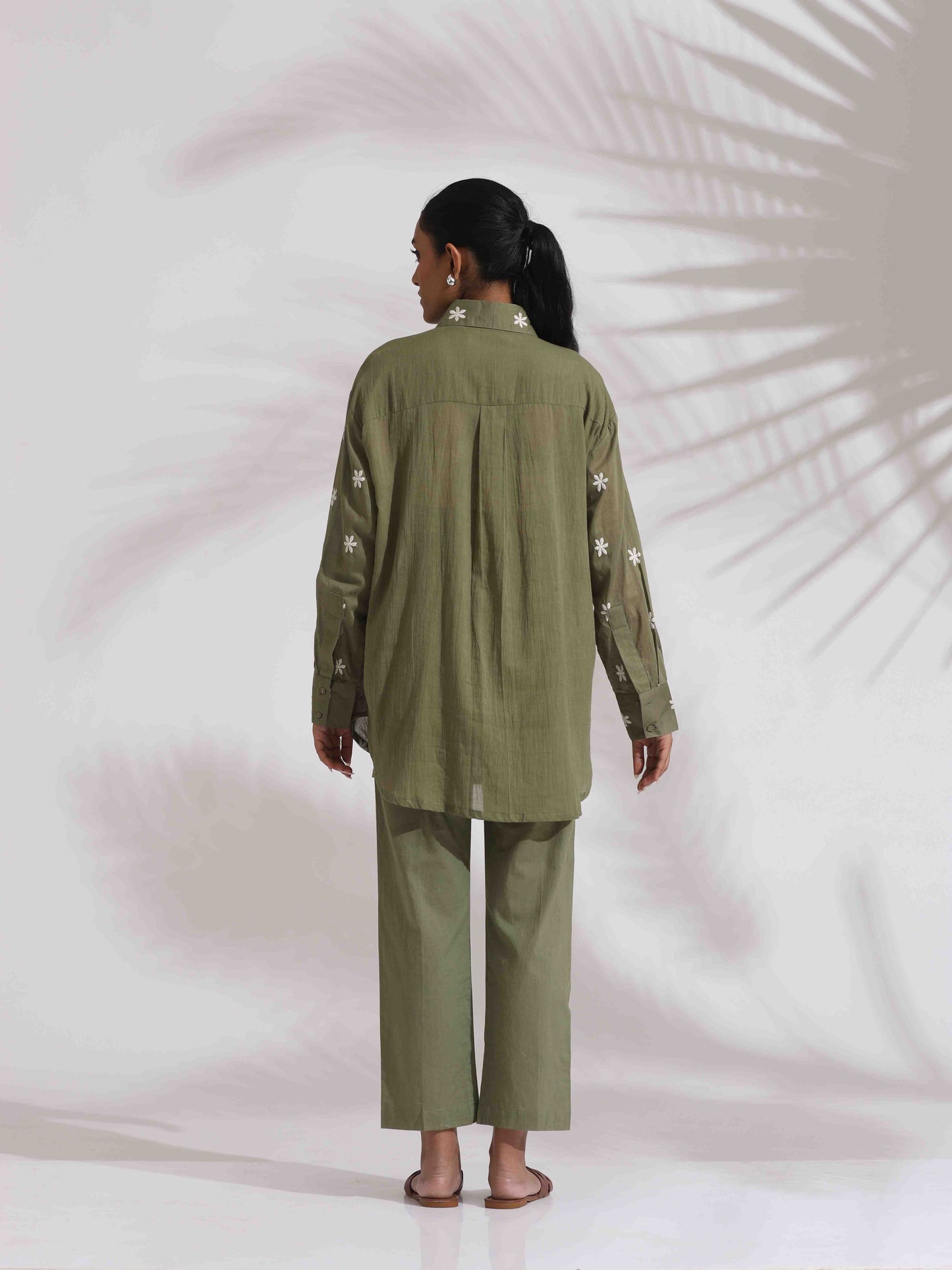 trueBrowns Olive Green Cotton Floral Embroidered Co-ord Set
