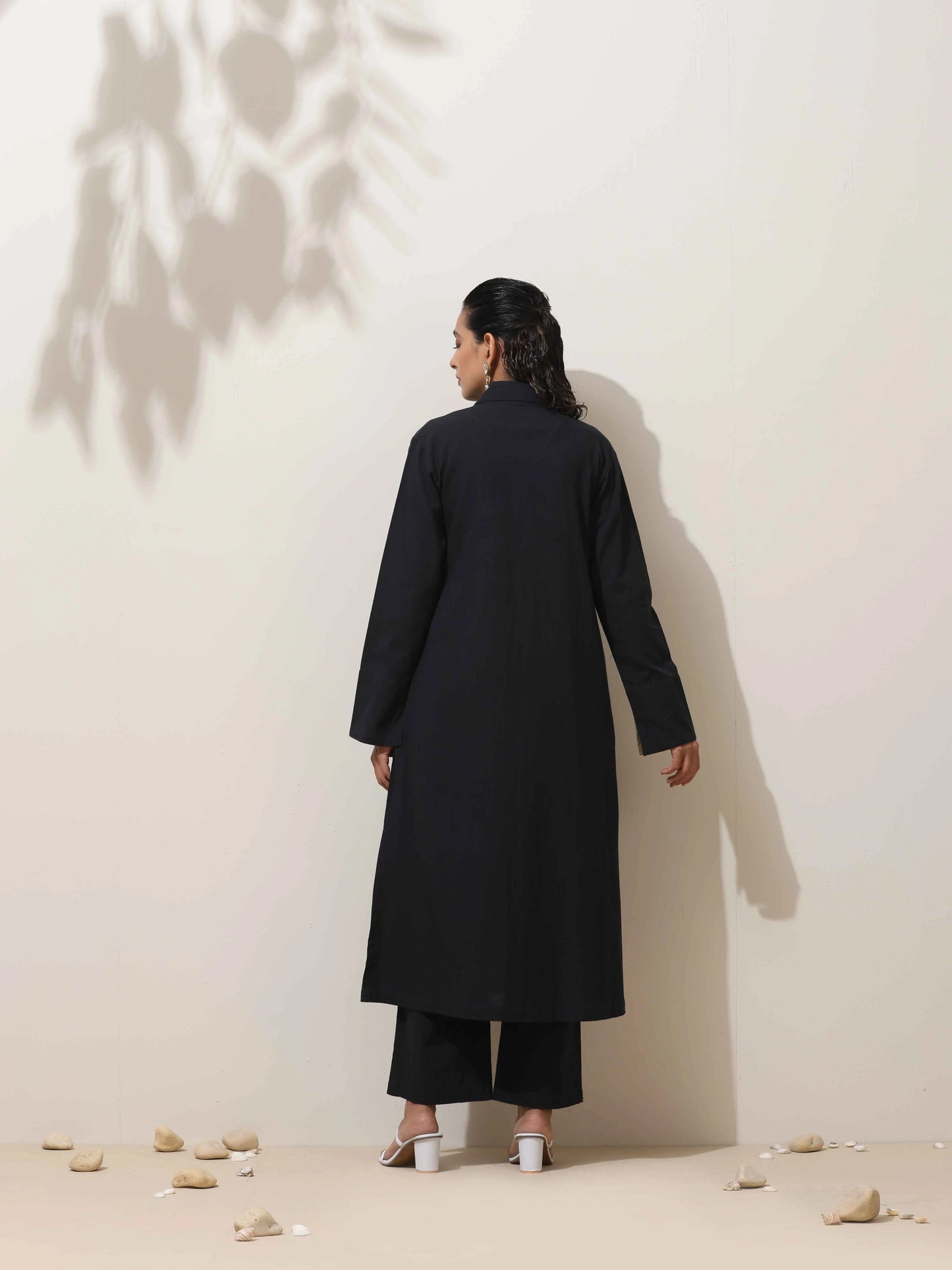 trueBrowns Black Cotton Linen Kurta Pant Set