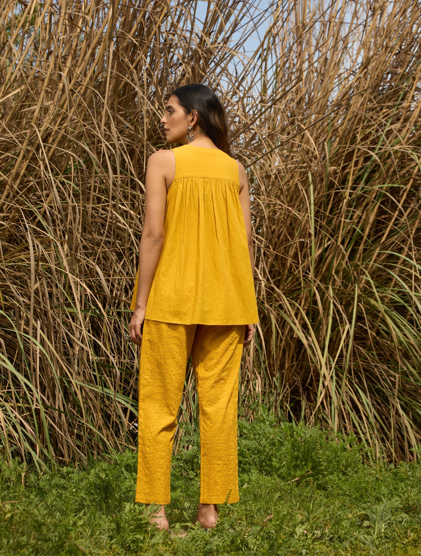 trueBrowns Mustard Cotton Embroidered Flared Co-ord Set