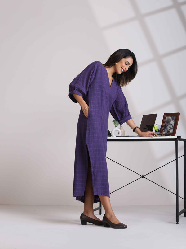 trueBrowns Purple Cotton Dobby Slit Dress LP