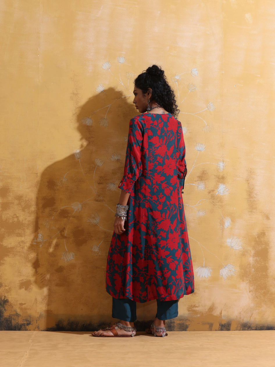 trueBrowns Red Teal Jaal Print Muslin Silk A-Line Kurta Set