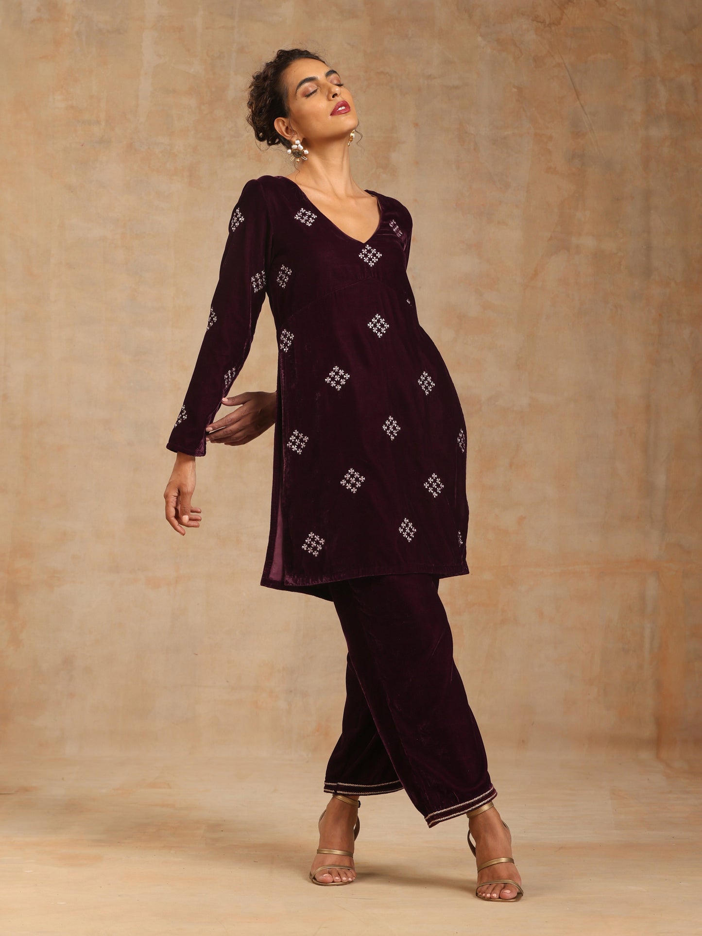 trueBrowns Wine Velvet Embroidered Co-ord Set