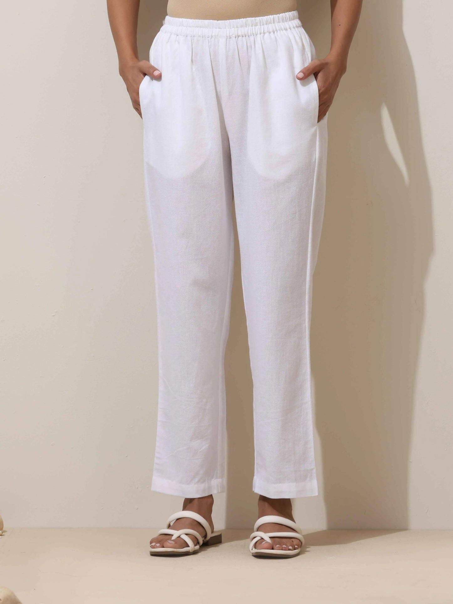 trueBrowns White Cotton Linen Kurta Pant Set