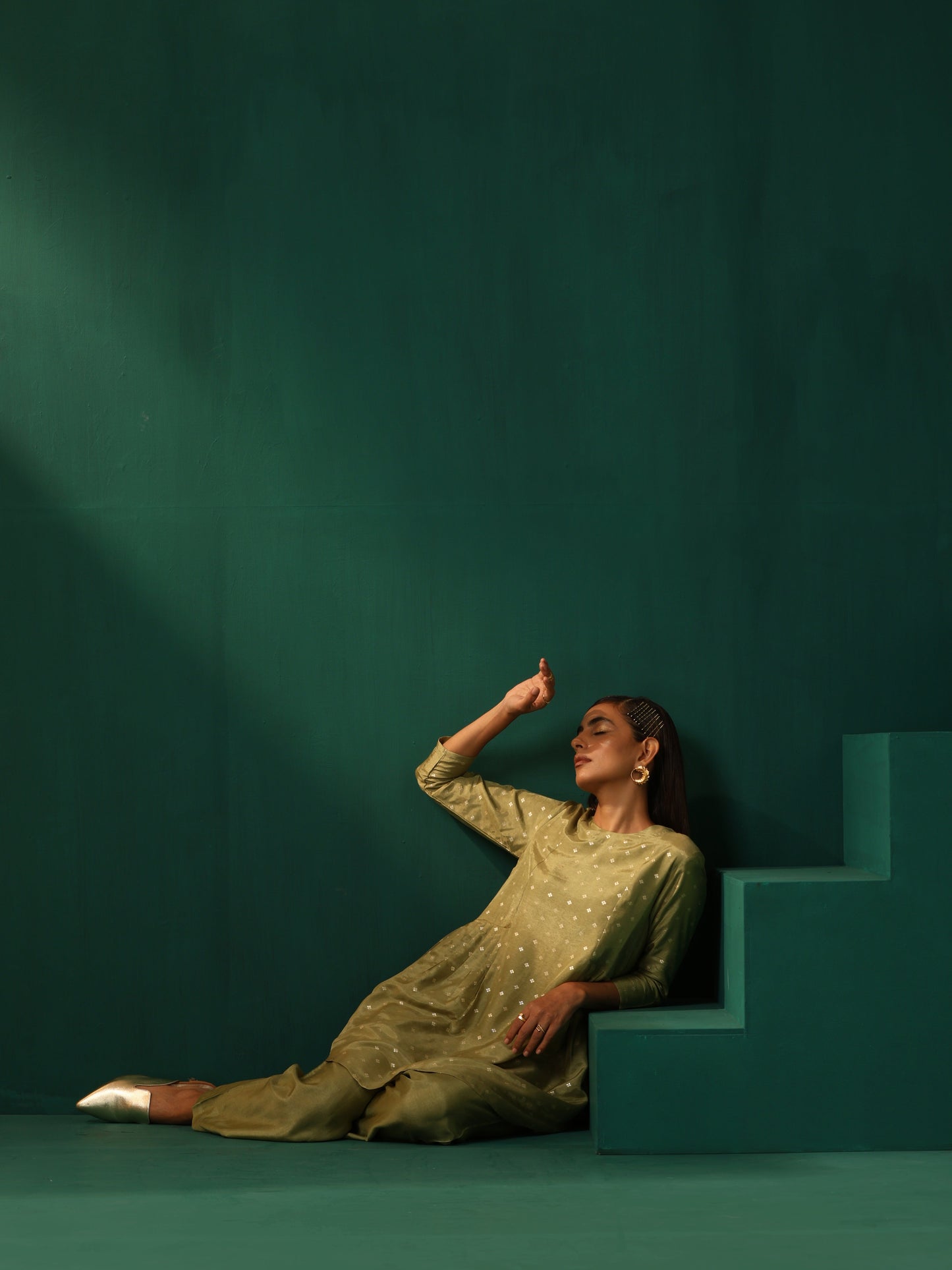 trueBrowns Green Square Viscose Silk Side Gathered Co-ord Set