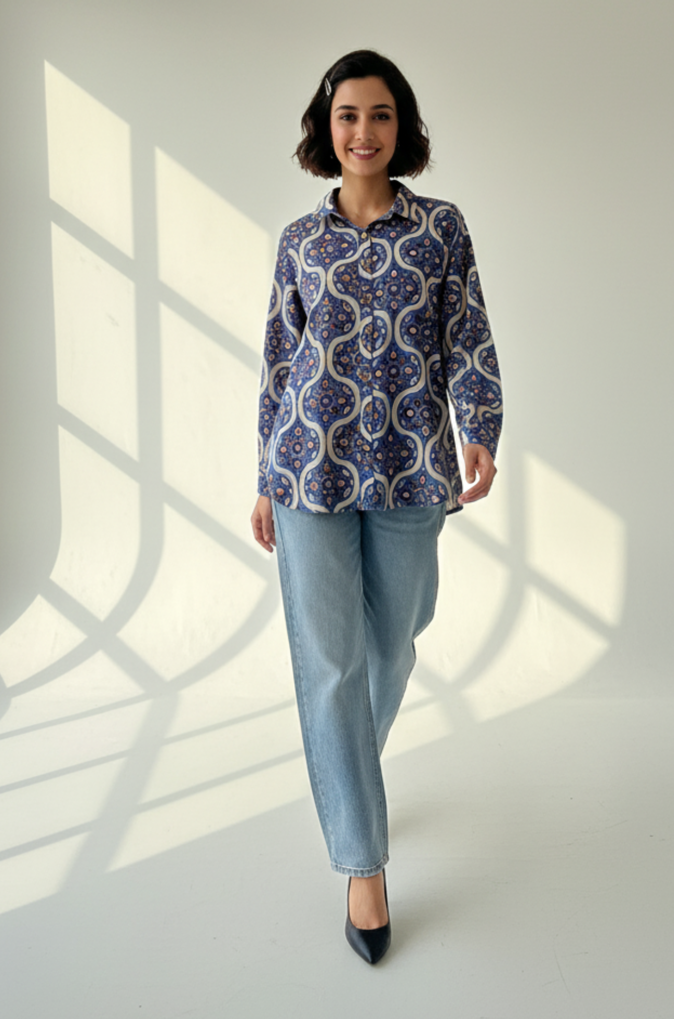 Maati Tribal Blue Cotton Button Down Shirt