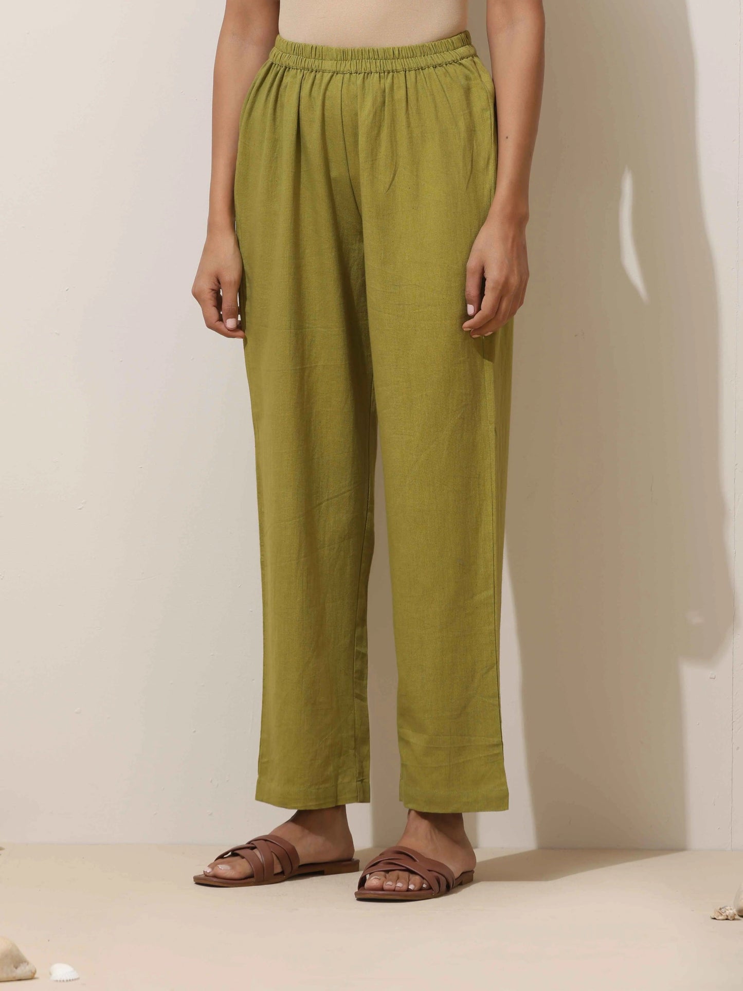trueBrowns Pear Green Cotton Linen Kurta Pant Set