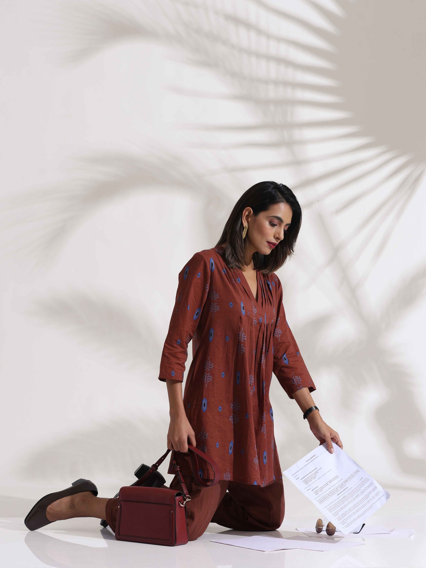 trueBrowns Brown Cotton Print Pleated Top & Pants Co-ord Set