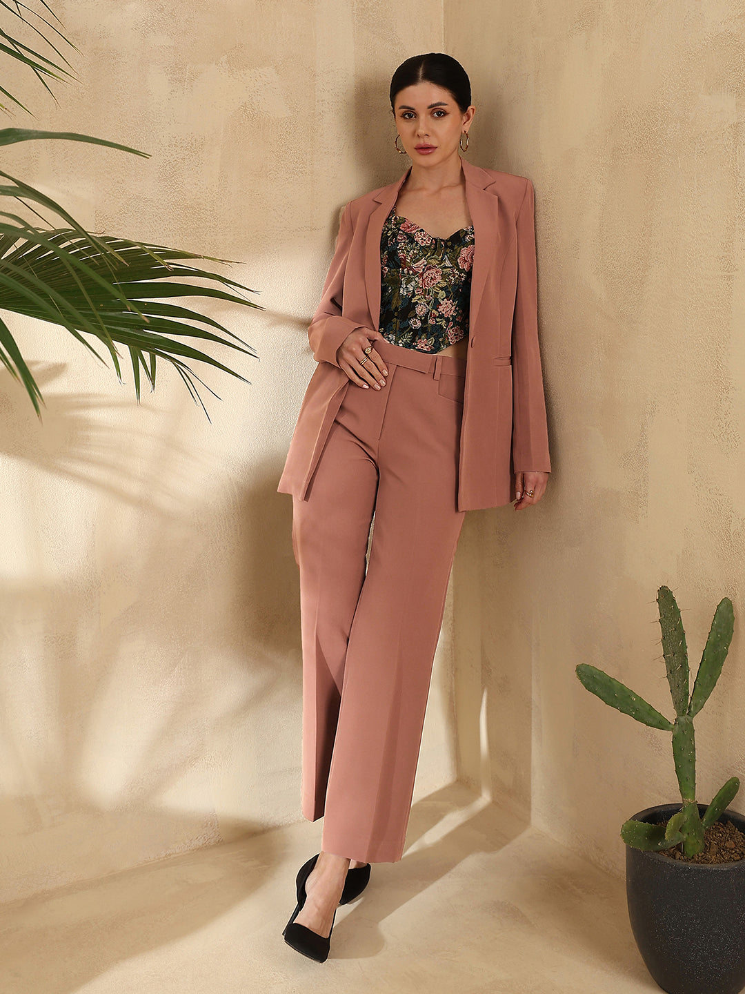 PowerSutra Notch Collar Stretch Pant Suit- Dusty Peach