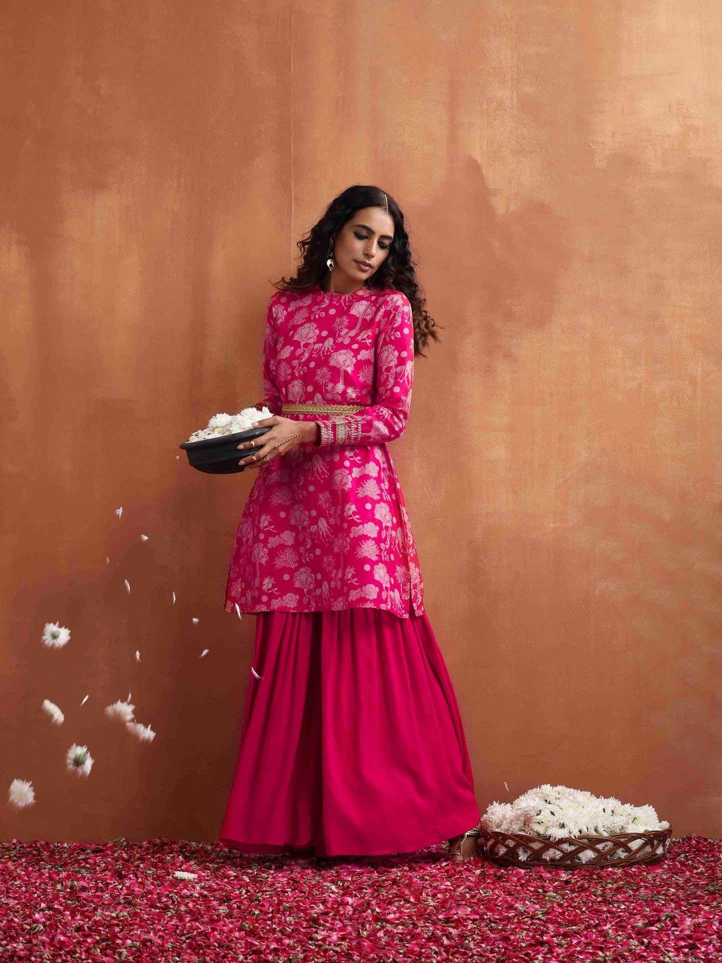 trueBrowns Red Print Sharara Set